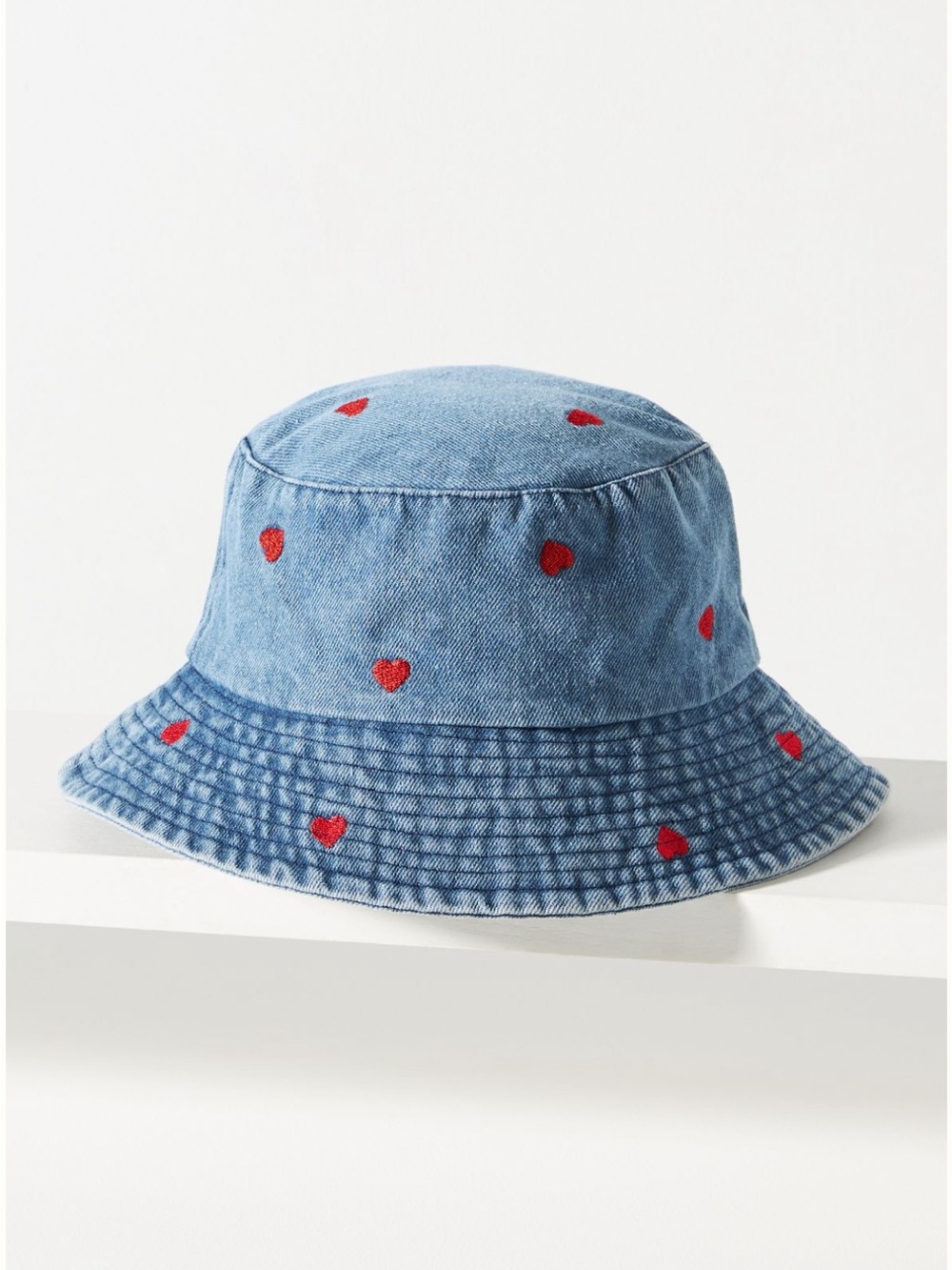 Anthropologie Embroidered Heart Denim Bucket Hat